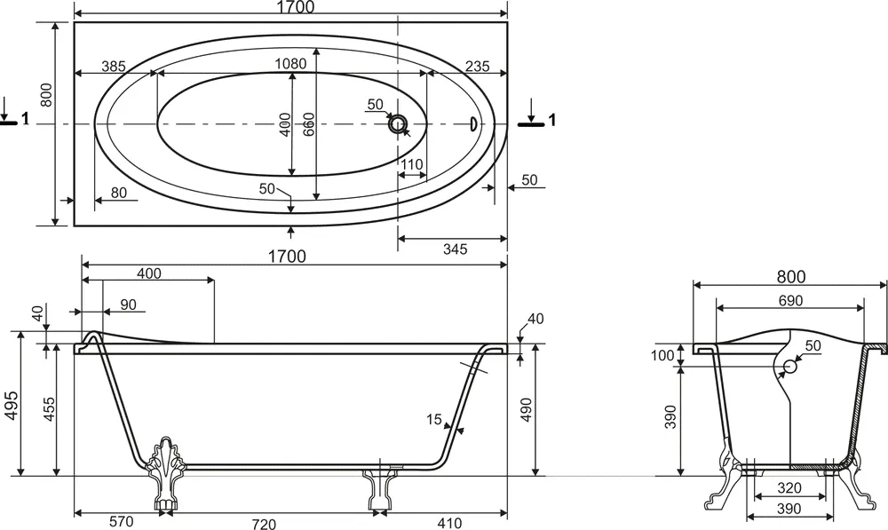 Ванна Эстет Венеция 170x80 из литьевого мрамора-3